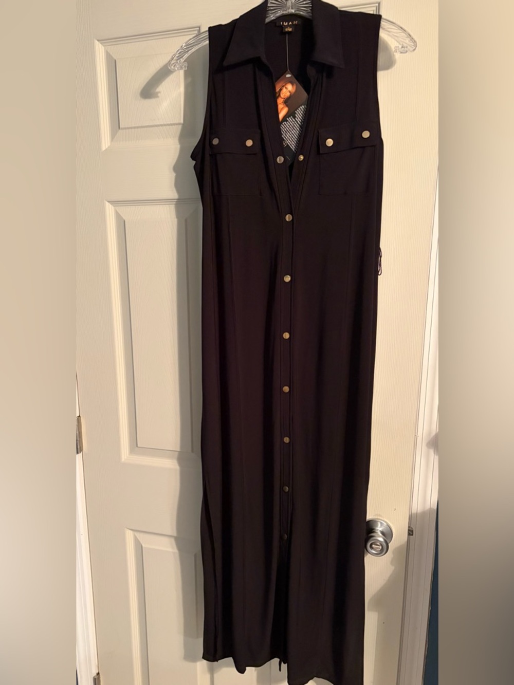 NWT IMAN Global Chic Black Button-Front Sleeveless Maxi Dress w/ belt size small